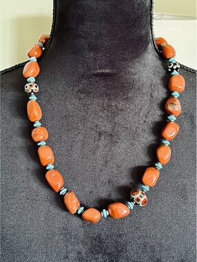 Handmade Brownish Orange and Turquoise Stone Beaded Necklace